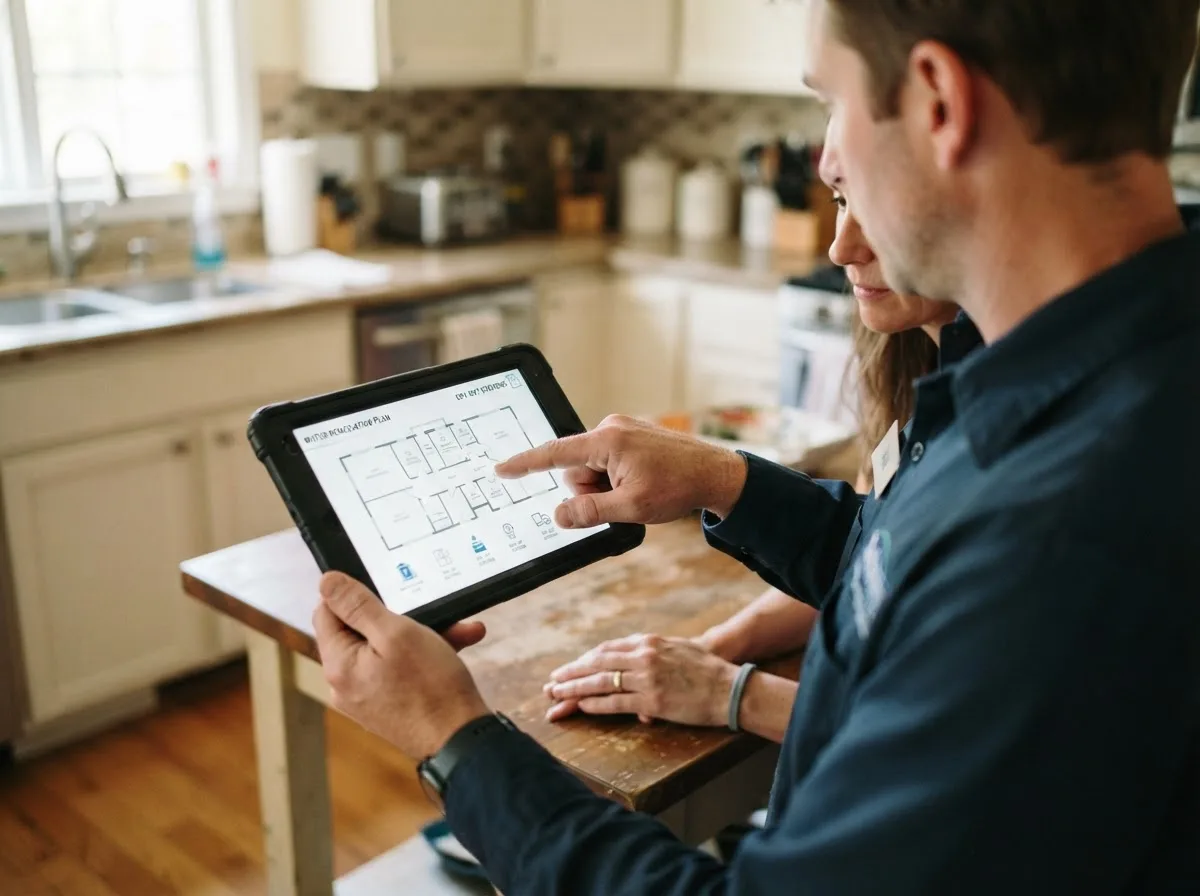 Water damage restoration technician inspecting a home in North Hatfield, MA